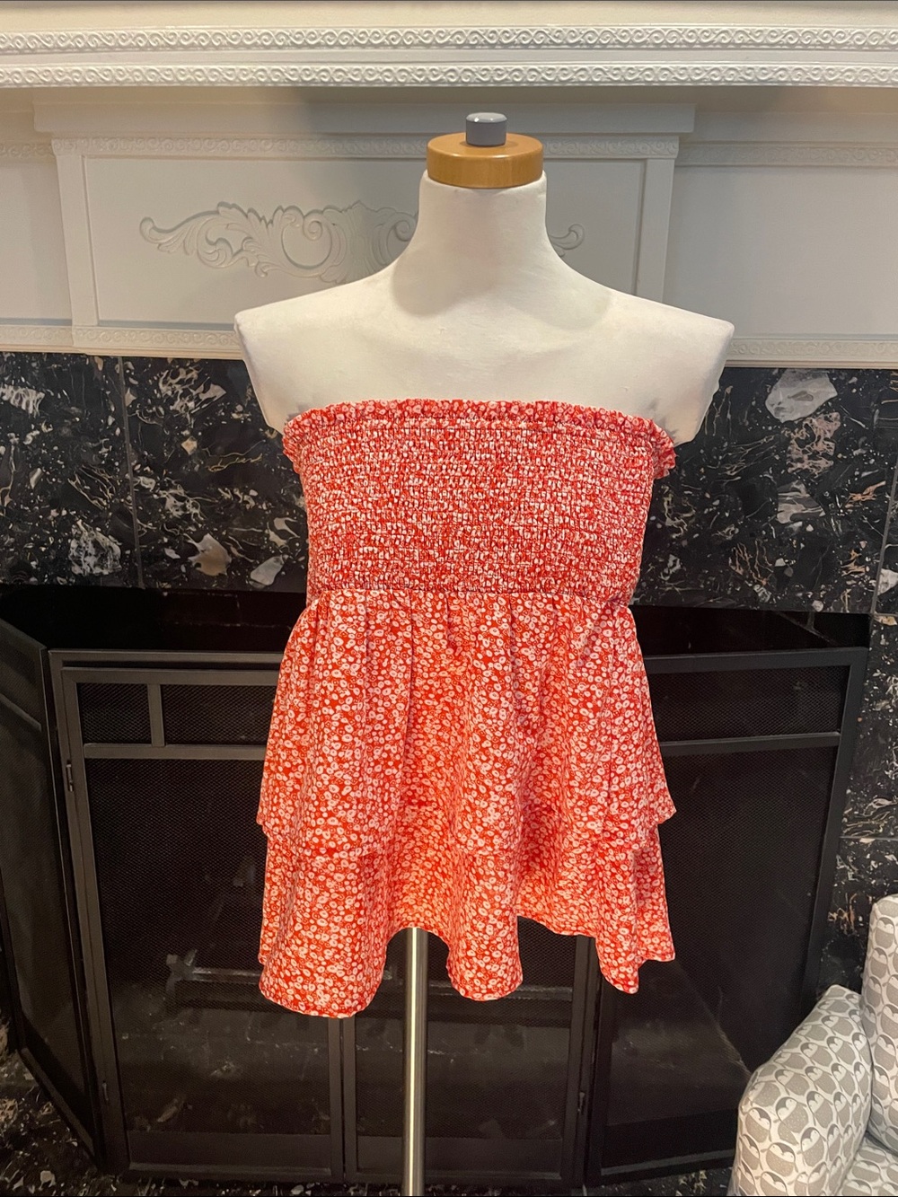 Strapless Red Floral Smocked Top Dress